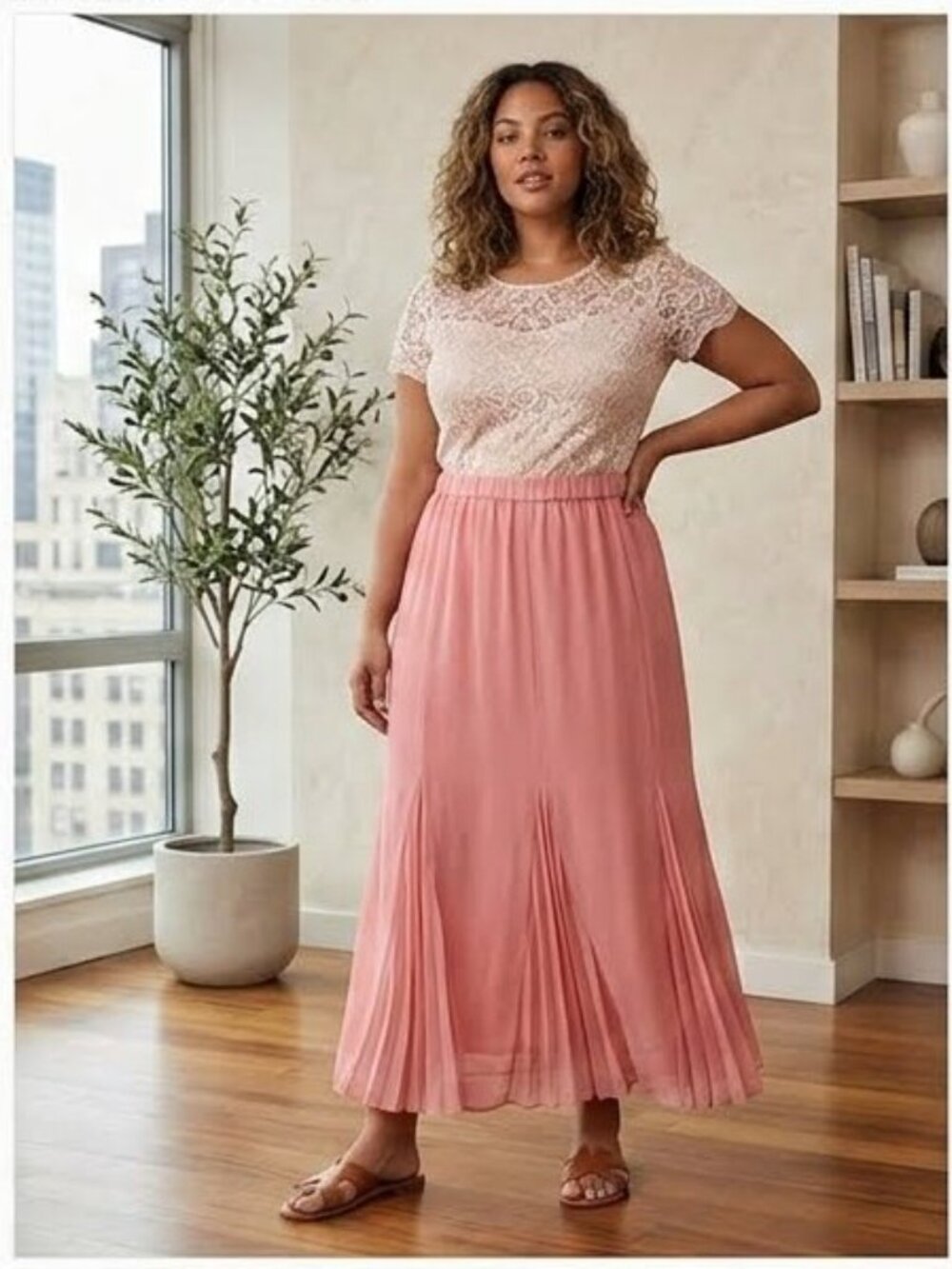 New York City Design Co SZ 5X Pink Lined Pleat Elastic Waist Chiffon Flowy Skirt